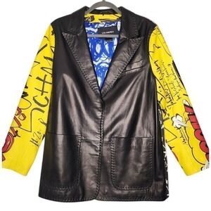 Lou Andrea Pop Art Leather Blazer Comic Black Graffiti Statement Jacket Small